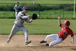 Coupeville's Gabe Wynn tries to beat the throw to second base in Saturday's game with Friday Harbor.