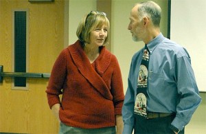 State Rep. Norma Smith talks with Oak Harbor School District Superintendent Rick Schulte before a meeting Tuesday where school officials advocated for their legislative priorities.