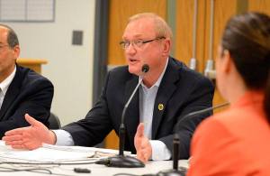 Island County Sheriff Mark Brown addresses the Board of Commissioners last week about the Law and Justice Council's recent resolution to pursue a $2.6 million levy. The commissioners OK'd a series of community meetings to get public feedback on the proposal.