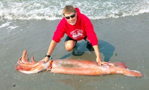 Peyton Horn stands over a dead giant squid that he hooked into while salmon fishing from the shore at the end of the Ault Field runway at Whidbey Island Naval Air Station.