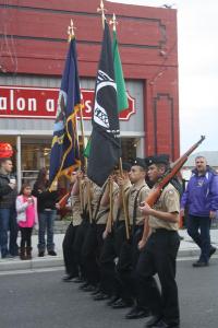 The NJROTC color guard marches in the homecoming parade. The guard will take part in Tuesday’s Veterans Day program.