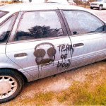 Vandals spray painted graffiti on this and other cars in Oak Harbor in July. Two adults and three juveniles were charged in connection with the crime.