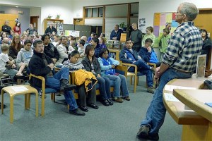 North Whidbey Park and Recreation District executive director Bill Walker talk about the termination of North Whidbey Aquatic Club head coach Neil Romney Wednesday night.