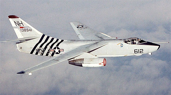 An A-3 Skywarrior rockets though the sky. The enormous jet