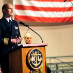 US Navy Capt. Brett Meitus, the keynote speaker for the Oak Harbor Area Council Navy League Veteran&rsquo;s Day Program speaks to a crowd of veterans at Oak Harbor High School in Oak Harbor, Wash., Nov. 11, 2016. Photo by Michael Watkins/Whidbey News-Times