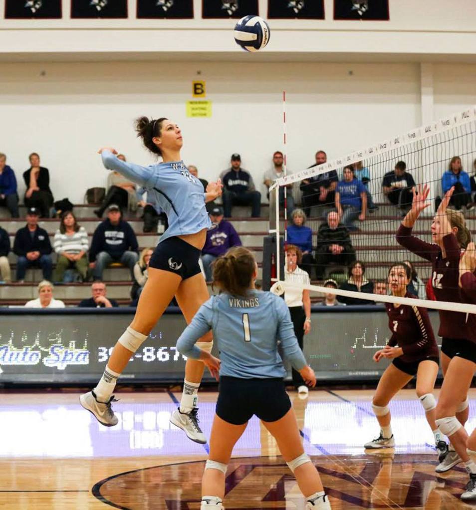 Kayleigh Harper goes on the attack for WWU in a match earlier this season. (Photo courtesy of Western Washington University Athletics)