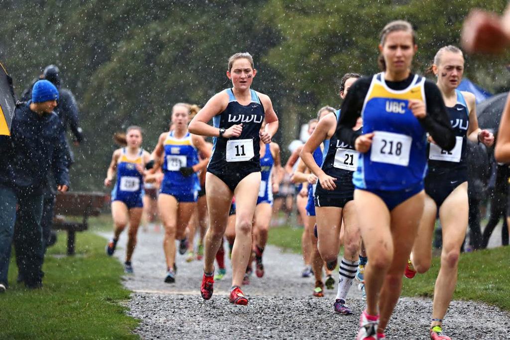 Alex Laiblin battles the rain as well as other runners in a Western Washington cross country meet this fall. (Photo courtesy of WWU Athletics)