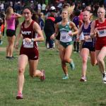 Christina Wicker, left, leads a pack in an MIT cross country meet earlier this year. (Photo courtesy of MIT Athletics)