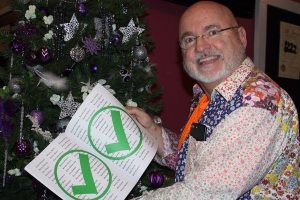 Entertainer JR Russell checks out Santa&rsquo;s List prior to a rehearsal for &ldquo;Christmas at the Playhouse,&rdquo; Tuesday night at the Whidbey Playhouse in Oak Harbor. The holiday revue starts Dec. 1. Photo by Ron Newberry/Whidbey News-Times