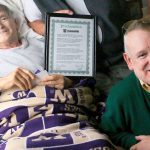 WNPA photo                                Presenting a proclamation to former Whidbey News Group publisher Wallie Funk, left, are Internship Coordinating Editor Frank Garred, center, and Wallie&rsquo;s son, Mark Funk.