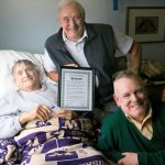 WNPA photo                                Presenting a proclamation to former Whidbey News Group publisher Wallie Funk, left, are Internship Coordinating Editor Frank Garred, center, and Wallie&rsquo;s son, Mark Funk.
