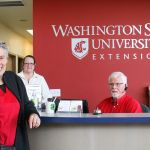 Anza Muenchow, left, Pam Bishop and Stinger Anderson are enjoying the confines of the new Washington State University Island County Extension office. The office moved only about a block in Coupeville but is more spacious and visible to visitors. Photo by Ron Newberry/Whidbey News-Times