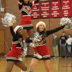 Coupeville&rsquo;s Ja&rsquo;tarya Hoskins, left, Gaby Halpin and Maggie Crimmins perform at halftime Saturday. (Photo by Jim Waller)