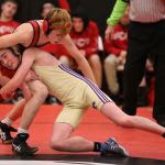 Dawson Seabolt, right, fights for a takedown against Snohomish. (Photo by John Fisken)