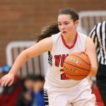 Mia Littlejohn leads a Coupeville fastbreak Saturday. (Photo by John Fisken)