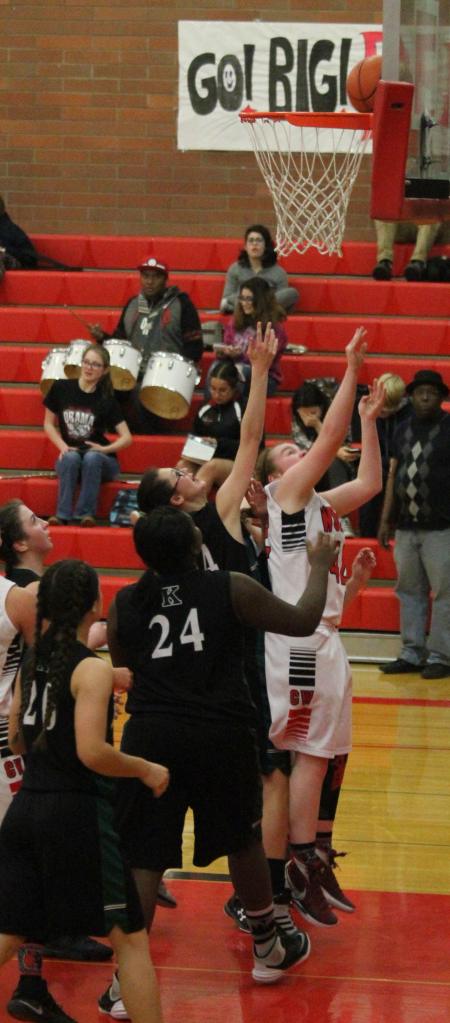 Kailey Kellner scores 2 of her 18 points in the win over Klahowya Tuesday. (Photo by Jim Waller/Whidbey News-Times)