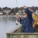 Cheryl Wieldraayer of Oak Harbor hooks into two untargeted fish &mdash; a juvenile Chinook salmon and a herring &mdash; while fishing for smelt Thursday, Jan. 26, 2017 at the Oak Harbor Marina. She tossed both of them back. Photo by Ron Newberry/Whidbey News-Times