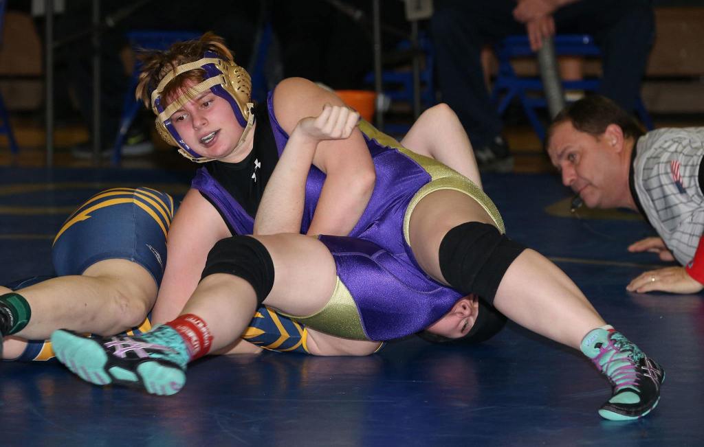 Caitlin Woodworth work for a pin on the way to earning first place in the Sedro-Woolley Tournament Saturday. (Photo by John Fisken)