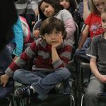 Children listen to Alan Schell of Oak Harbor give an address as Abraham Lincoln in the spirit of President&rsquo;s Day Wednesday, Feb. 15, 2017 at Oak Harbor Christian School. Children from kindergarten through sixth grade attended. Photo by Ron Newberry/Whidbey News-Times