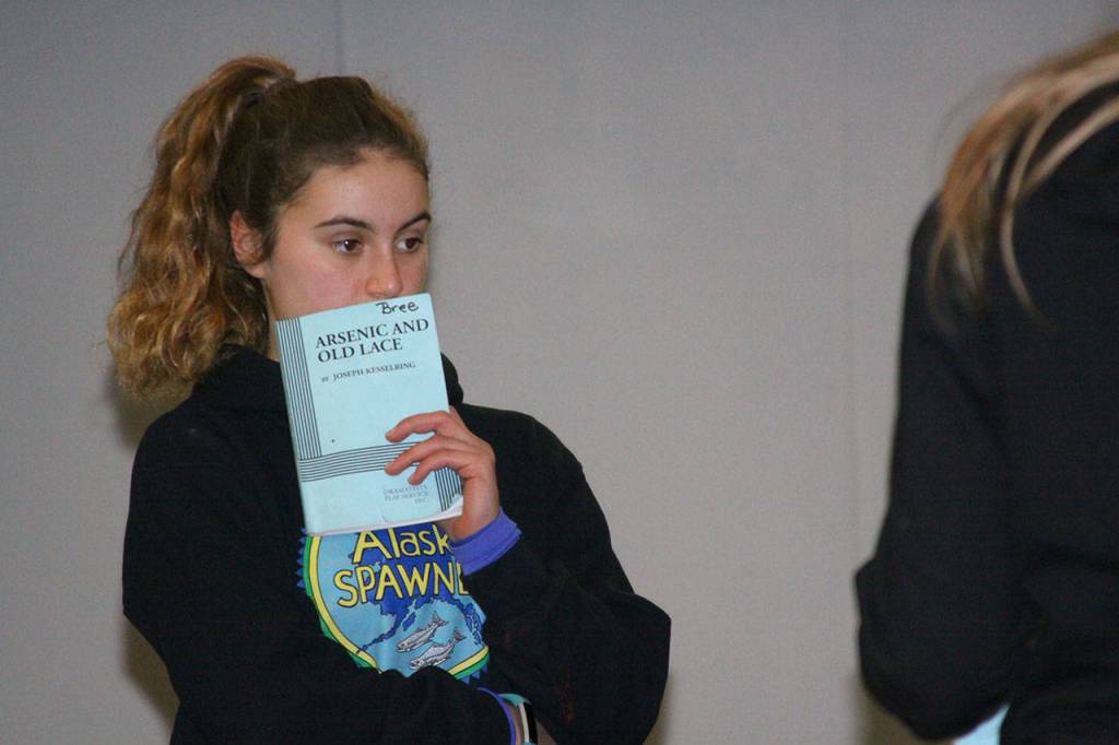 Bree Daigneault of Coupeville High School&rsquo;s Wolf PAC Theatre Troupe prepares to rehearse lines for &ldquo;Arsenic and Old Lace&rdquo; at Coupeville&rsquo;s Performing Arts Center Monday night, Feb. 27, 2017. Photo by Ron Newberry/Whidbey News-Times