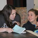 Desirae Bradley, left, and Bree Daigneault of Coupeville High School&rsquo;s Wolf PAC Theatre Troupe rehearse lines for &ldquo;Arsenic and Old Lace&rdquo; at Coupeville&rsquo;s Performing Arts Center Monday night, Feb. 27, 2017. Photo by Ron Newberry/Whidbey News-Times