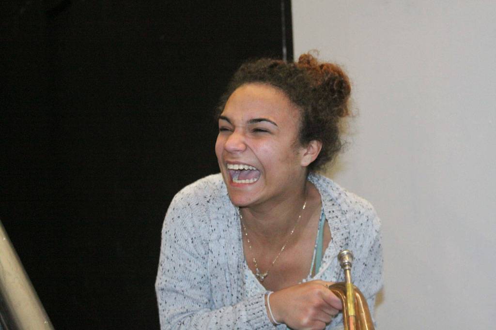 Tamika Nastali bursts out in laughter after sounding a horn during Coupeville High School&rsquo;s Wolf PAC Theatre Troupe rehearsal for &ldquo;Arsenic and Old Lace&rdquo; at Coupeville&rsquo;s Performing Arts Center Monday night, Feb. 27, 2017. Photo by Ron Newberry/Whidbey News-Times