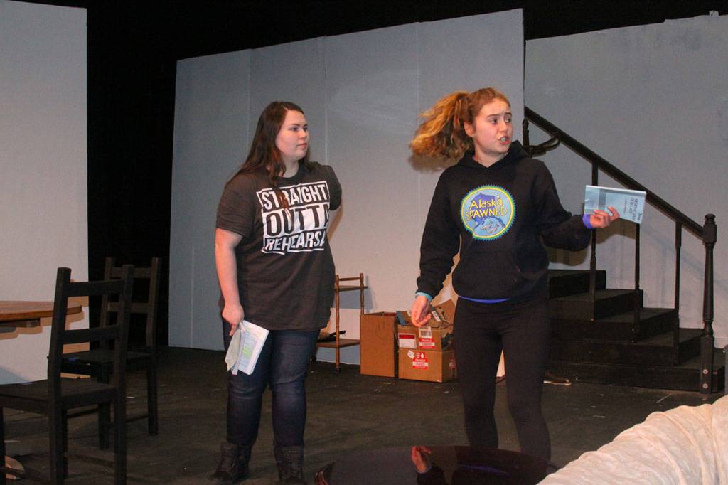 Desirae Bradley, left, and Bree Daigneault of Coupeville High School&rsquo;s Wolf PAC Theatre Troupe rehearse lines for &ldquo;Arsenic and Old Lace&rdquo; at Coupeville&rsquo;s Performing Arts Center Monday night, Feb. 27, 2017. Photo by Ron Newberry/Whidbey News-Times