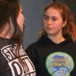 Desirae Bradley, left, and Bree Daigneault of Coupeville High School&rsquo;s Wolf PAC Theatre Troupe rehearse lines for &ldquo;Arsenic and Old Lace&rdquo; at Coupeville&rsquo;s Performing Arts Center Monday night, Feb. 27, 2017. Photo by Ron Newberry/Whidbey News-Times