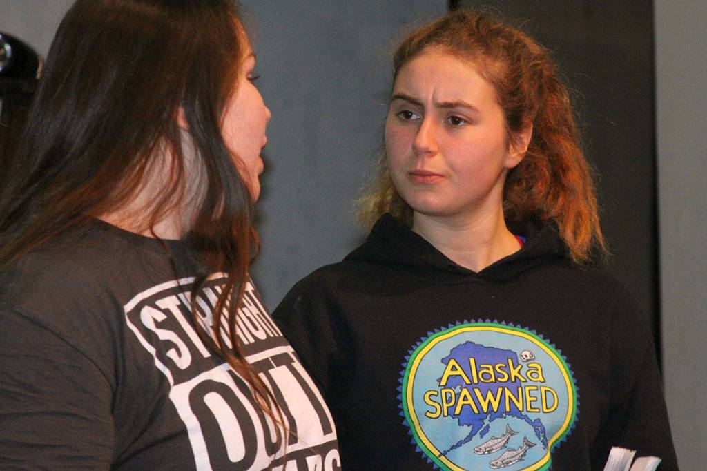 Desirae Bradley, left, and Bree Daigneault of Coupeville High School&rsquo;s Wolf PAC Theatre Troupe rehearse lines for &ldquo;Arsenic and Old Lace&rdquo; at Coupeville&rsquo;s Performing Arts Center Monday night, Feb. 27, 2017. Photo by Ron Newberry/Whidbey News-Times