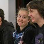 McKenzie Meyer, center, shares a lighter moment with Eric Wertz, right, during Coupeville High School&rsquo;s Wolf PAC Theatre Troupe rehearsal for &ldquo;Arsenic and Old Lace&rdquo; at Coupeville&rsquo;s Performing Arts Center Monday night, Feb. 27, 2017. Photo by Ron Newberry/Whidbey News-Times