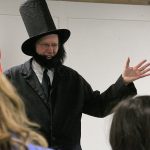 Alan Schell of Oak Harbor dresses up as Abraham Lincoln and impersonates the former U.S. president in the spirit of President&rsquo;s Day Wednesday, Feb. 15, 2017 at Oak Harbor Christian School. Children from kindergarten through sixth grade attended the address. Photo by Ron Newberry/Whidbey News-Times