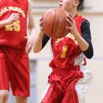 Gabe McLeod, an Oak Harbor seventh-grader, sets up for a shot Tuesday as Ethan Abbott looks on. McLeod, a team co-captain, finished with 2 points, 6 assists and 5 rebounds. Co-captain Abbott recorded 14 points, 19 rebounds and 3 blocks.(Photo by John Fisken)