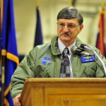 Joe Farina makes his remarks after receiving his new flight jacket and designation as the 29th Honorary Naval Aviator during his surprise retirement parry Jan 13, at NAS Whidbey Island.                                Joe Farina makes his remarks after receiving his new flight jacket and designation as the 29th Honorary Naval Aviator during his surprise retirement parry Jan 13, at NAS Whidbey Island.