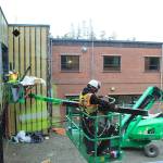 Construction workers at WhidbeyHealth Medical Center build the corridor that connects the old hospital to the $50 million addition. The 60,000-square-foot wing features 39 private patient rooms and many design elements for infection control and privacy. Photo by Patricia Guthrie/Whidbey News-Times
