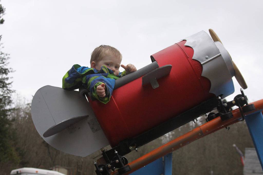 Wyatt Brazelton, 3, gives a thumbs-up before take-off on his roller coaster cart Wednesday, March 1, 2017. Photo by Ron Newberry/Whidbey News-Times