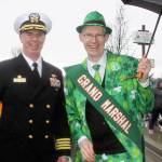 Capt. Geoffrey Moore, commanding officer at Naval Air Station Whidbey Island, with parade grand marshal Lance Gibbon, superintendent of Oak Harbor Public Schools, at the 44th Oak Harbor St. Patrick&rsquo;s Day parade on March 17, 2017. Photo by Ron Newberry/Whidbey News-Times