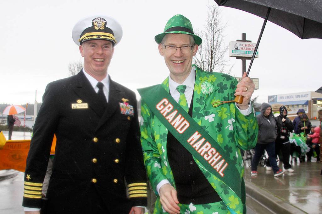 Capt. Geoffrey Moore, commanding officer at Naval Air Station Whidbey Island, with parade grand marshal Lance Gibbon, superintendent of Oak Harbor Public Schools, at the 44th Oak Harbor St. Patrick&rsquo;s Day parade on March 17, 2017. Photo by Ron Newberry/Whidbey News-Times