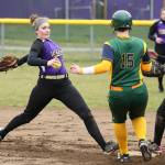 Oak Harbor shortstop Rylee Joseph beats Shorecrest&rsquo;s Delaney Browne to second base. (Photo by John Fisken)