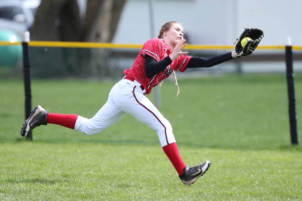 Coupeville center fielder Hope Lodell robs a Vashon hitter of a base hit. (Photo by John Fisken)