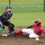 Lauren Rose beats the ball as she steals second base. Moments later she scored the inning run on Jae LeVine&rsquo;s double. (Photo by John Fisken)