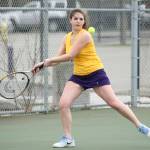 Emma Lerch returns a shot in her fourth singles win Tuesday. (Photo by John Fisken)