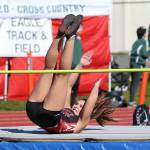 Lauren Bayne flies over the bar in the high jump. (Photo by John Fisken)