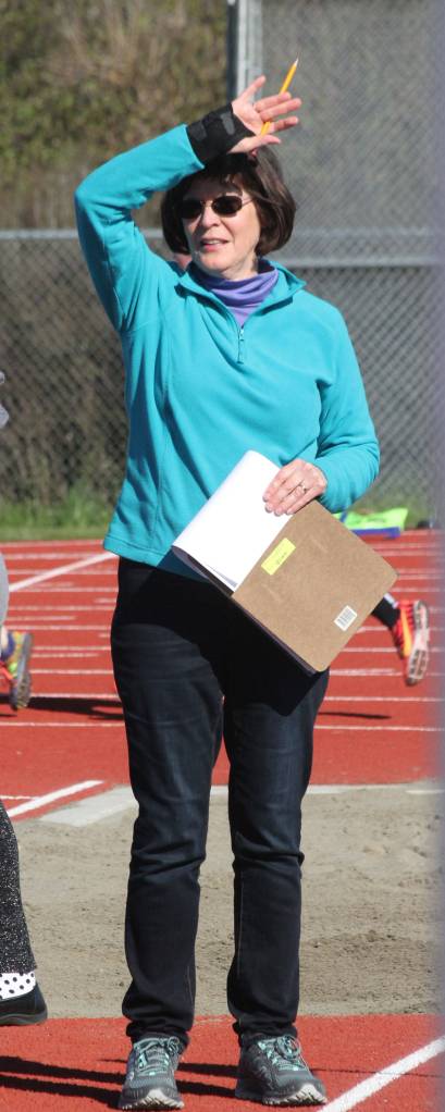 Laurie King awaits the next triple jumper. (Photo by Jim Waller/Whidbey News-Times)