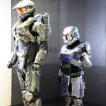 Coming in at 6 feet 11 inches, John Groves, left, is almost as tall as the character he cosplayed Saturday at Oak Harbor&rsquo;s first comicon, hosted by Oak Harbor Library. Once Groves donned the Master Chief&rsquo;s iconic armor, the world&rsquo;s most accurate to date, he was elevated to a towering 7 feet 11 inches. At right, Dustin Allen represented Bothell in a Seahawks Master Chief costume. Photo by Daniel Warn/Whidbey News-Times