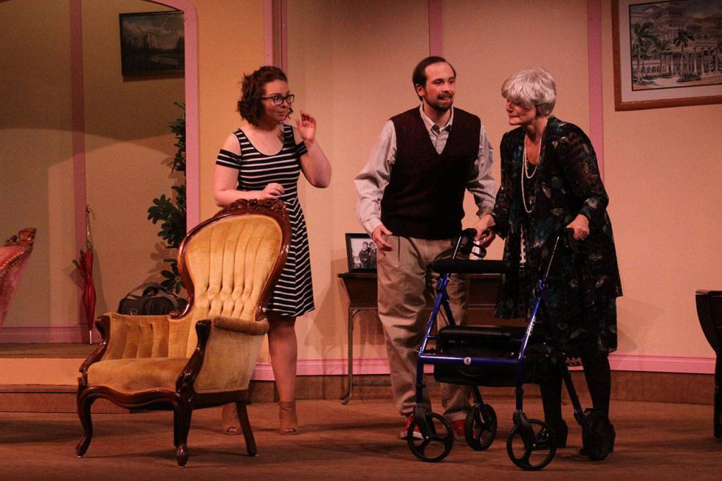 Katie McClimans, left, Andy Russell and Tallie Boyer participate in a dress rehearsal for the comedy &ldquo;37 Postcards&rdquo; Thursday night, April 6, 2017, at the Whidbey Playhouse in Oak Harbor. Photo by Ron Newberry/Whidbey News-Times