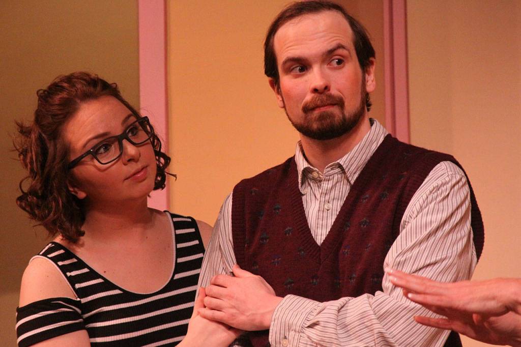 Katie McClimans, left, and Andy Russell play characters who are engaged to be married in the comedy &ldquo;37 Postcards,&rdquo; which opens Friday night at the Whidbey Playhouse in Oak Harbor. Photo by Ron Newberry/Whidbey News-Times