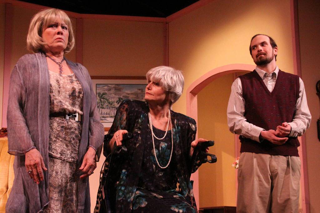 Tess Hightower, left, Tallie Boyer and Andy Russell participate in a dress rehearsal for the comedy &ldquo;37 Postcards&rdquo; Thursday night, April 6, 2017, at the Whidbey Playhouse in Oak Harbor. Photo by Ron Newberry/Whidbey News-Times