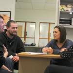 Carla Farnell and Shawn Lowe meet with Island County Housing Support Center staff Malissa Taylor (center) and Joanne Pelant (right) to discuss an assistance voucher to help them move into an apartment.Photo by Patricia Guthrie/Whidbey News-Times