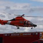 The U.S. Coast Guard helicopter departs from the Keystone Spit portion of Fort Casey State Park after a false alarm involving a diver at the underwater park. A number of other emergency responders arrived as well after someone spotted the diver entering the water in jeans and a sweatshirt and was concerned when he didn&rsquo;t surface. The diver had a wet suit underneath. Photo by Ron Newberry/Whidbey News-Times