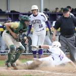 Pinch runner Aiden McCarthy slides by Getchell catcher Zach Emory with the winning run on a double steal as Thomas Anderson looks on. (Photo by John Fisken)